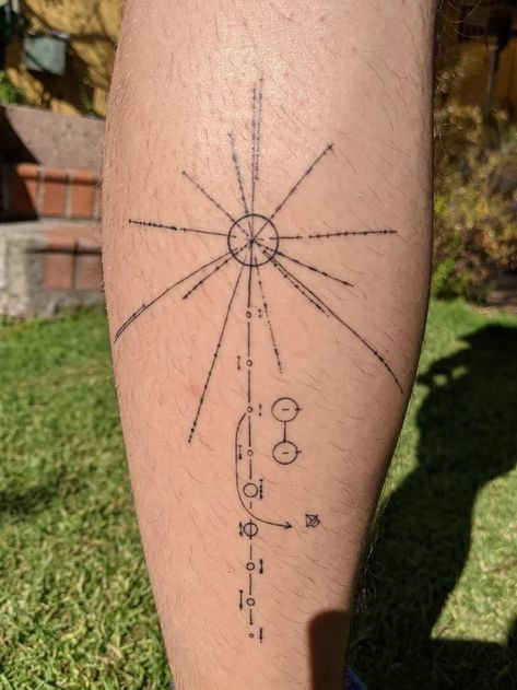 Cosmology Tattoo, Voyager 1 Tattoo, Fibonacci Tattoos, Astrophysics Tattoo, Sean Tattoo, Voyager Tattoo, Physics Tattoos, Pioneer Plaque, Fibonacci Tattoo