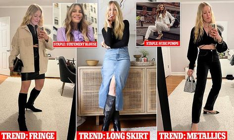 New York stylists reveal the trendy and classic items to have in your 2023 closet | Daily Mail Online Statement Blouse, Sparkle Skirt, Flattering Jeans, Leopard Print Jacket, 2023 Trends, Boucle Jacket, Nude Pumps, Fringe Skirt, Gwyneth Paltrow