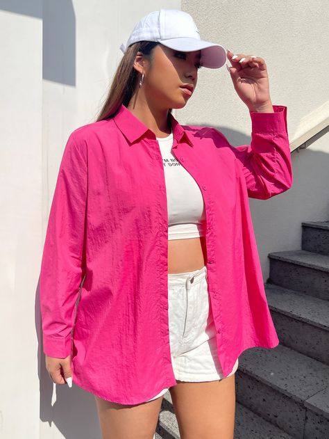 Pink Shirts For Women, Pink Shirt For Women, Casual Outfits Pink, Pink Shirt Styling Women, Hot Pink Oversized Shirt Outfit, Dark Pink Shirt Outfit, Pink Chemise Outfit, Long Shirt Outfits Women, Outfits Con Rosa