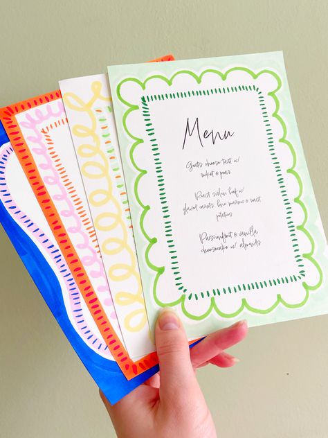 Spring tablescape design inspo. Here's some hand illustrated menu design ideas. Layer different marks to build borders to create these fun Spring inspired menus. Menu Design Ideas, 21 Diner, 25th Birthday, Birthday Dinner, Birthday Dinners, Wedding Signage, Menu Cards, Wedding Menu, Wedding Stationary