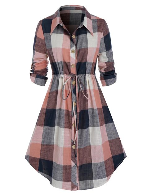 Plus Size Plaid Drawstring Curved Roll Tab Sleeve Shirt Dress Drawstring Shirt, Plaid Dresses, Plus Size Plaid, Flare Shirt, Stylish Short Dresses, Long Kurti Designs, Simple Pakistani Dresses, Elegant Casual, Dress Shirt Sleeves