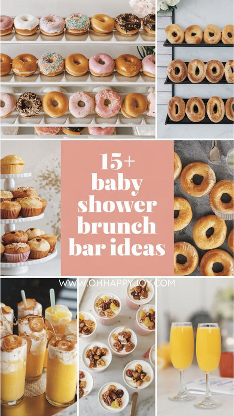 A collage of baby shower brunch bar ideas featuring a variety of donuts, muffins, parfaits, and mimosas, perfect for creating a fun and delicious baby shower brunch spread. Brunch Food For Large Groups, Brunch Open House Food Ideas, Christmas Theme Brunch Ideas, Baby Sprinkle Brunch Ideas, Baby Shower Breakfast Ideas, Breakfast Baby Shower Ideas, Breakfast Baby Shower Food, Brunch Shower Food, Baby Shower Brunch Menu Ideas