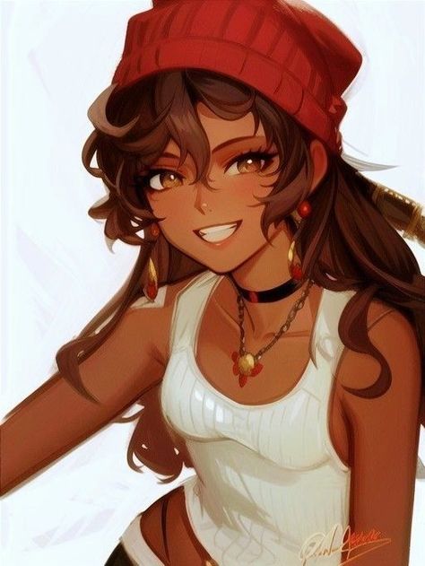 Brown Hair Drawing Pfp, Brown Skin Anime Pfp, Black Oc Girl, Dark Skin Drawing, Dark Skin Oc, Black Manga Girl, Brown Hair Pfp, Brown Hair Female, Poc Characters