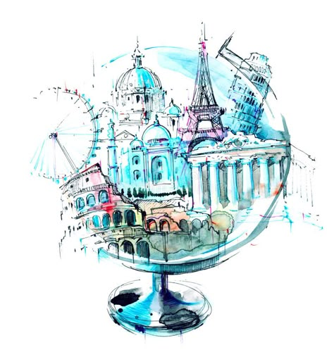 Landmarks. Architecture around the world globe #Sponsored , #PAID, #PAID, #Landmarks, #world, #globe, #Architecture Landmarks Art, Art Mignon, World Map Art, Foto Tips, Desenho Tattoo, Art Et Illustration, 판타지 아트, Cool Art Drawings, Art Drawings Sketches