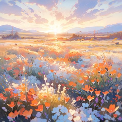 Anime Field Background, Anime Flowers Background, Spring Anime Aesthetic, Flower Field Anime, Anime Backgrounds Landscape, Anime Background Scenery, Sunrise Anime, Landscape With Flowers, Ipad Decor