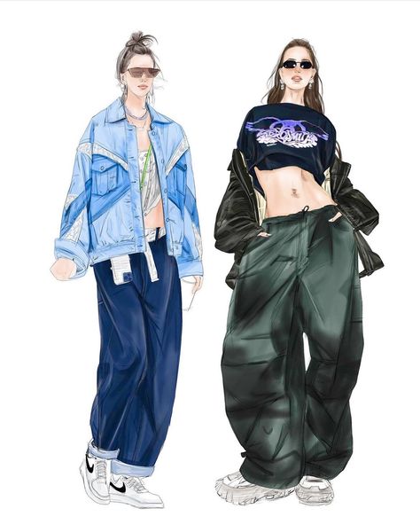 Fashion Sketch Streetwear, Streetwear Collection Illustration, Parachute Pants Drawing, Fashion Sketches Streetwear, Y2k Fashion Illustration, Streetwear Drawing Sketches, Streetwear Illustration Fashion, Fashion Illustration Streetwear, Streetwear Fashion Sketches