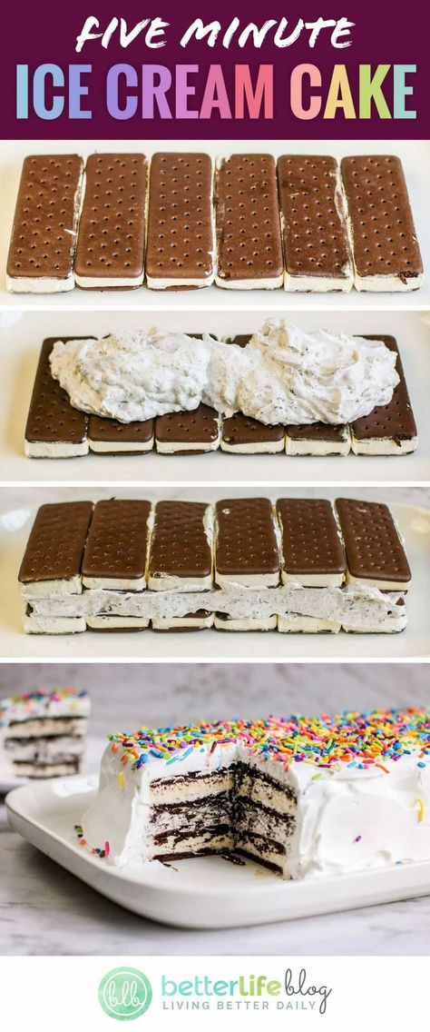 This Ice Cream Sandwich Cake is filled with 12 ice cream sandwiches - it’s absolutely delicious! Plus, it’s generously topped with an Oreo whipped cream topping and sprinkles. It makes for the perfect summer treat! Easy Ice Cream Sandwich Cake, Ice Cream Sandwich Cake Recipe, Ice Cream Sandwich Dessert, Diy Ice Cream Cake, Easy Ice Cream Sandwiches, Cream Sandwich Cake, Easy Ice Cream Cake, Cream Cake Recipe, Ice Cream Sandwich Cake