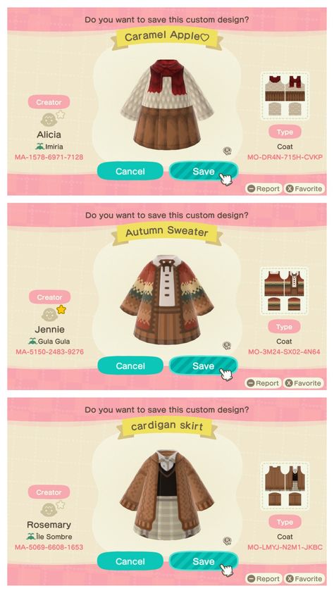 Animal Crossing Clothing Codes Cottagecore, Animal Crossing Design Codes Clothes Cottage Core, Fall Villagers Acnh, Acnh Vintage Clothes Codes, Acnh Autumn Clothes Codes, Acnh Skirt Design Id, Acnh Dress Design Codes Cottagecore, Acnh Grandmacore Clothes, Clothes Design Acnh