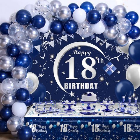 PRICES MAY VARY. Suitable for 18th Birthday Party - This navy blue 18 year old birthday decoration balloon arch kit will add a luxurious ambiance to your indoor or outdoor event and make your kid 18 bday party more awesome with our beautiful blue and silvery balloons set. Package Inclueded - 20X dark blue balloons, 15X silvery balloons, 5X white balloons,10X confetti balloons, 1X backdrop (70*43 inch), 1X tablecloth (70*42 inch),1X ribbon,1X arch strip and 1X dot labels. Please note that the blu Happy 21st Birthday Images, Blue Birthday Decorations, 25 Birthday Decorations, 18th Birthday Banner, 15th Birthday Decorations, 21 Birthday Party Decorations, 18th Birthday Decorations, Happy 15th Birthday, 16th Birthday Decorations