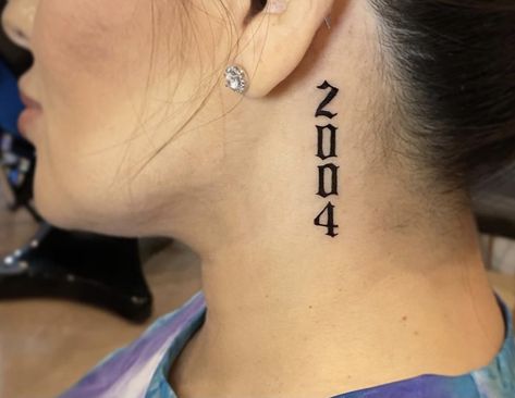 1998 Tattoo Behind Ear, 2004 Neck Tattoo, Baddie Neck Tattoos Women, Numbers On Neck Tattoo, 2005 Tattoo Ideas Female, Baddie Tatoos Ideas, Wording Tattoos For Women, Neck Tattoos Unique, Back Of Bicep Tattoo Women