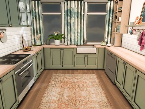 The Sims Resource - Azaria Kitchen (TSR only CC) Artsy Bedroom, Sims 4 Cottage, Sims 4 Kitchen, Resource Furniture, Sims Packs, Green Kitchen Cabinets, Casas The Sims 4, Sims 4 Cc Furniture, Apartment Bathroom