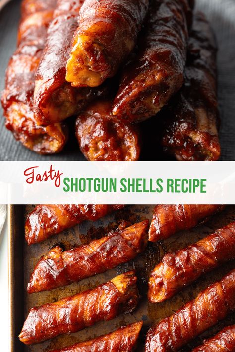 Best Shotgun Shell Recipe - These restaurant-style smoked shotgun shells feature a delicious combo of sausage and cheeses stuffed inside tender manicotti pasta, all wrapped in bacon and doused in barbecue sauce. They're easy to make ahead and great to serve with creamy dipping sauces! | A Spicy Perspective Smoked Manicotti Recipe, Bacon Wrapped Manicotti Recipe, Bacon Wrapped Manicotti, Oven Baked Shotgun Shells, Shotgun Shells Recipe Oven, Ground Beef Appetizer, Cheese Stuffed Sausage, Smoked Shotgun Shells Recipe, Shotgun Shells Recipe