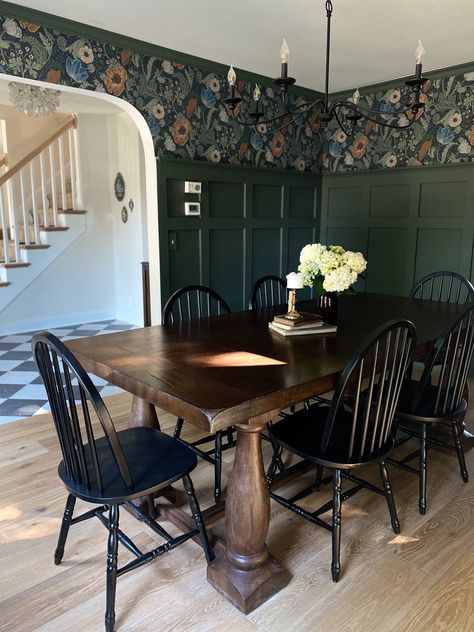 Navy And Copper Dining Room, Dining Room Decor With Wainscoting, Green Victorian Dining Room, All Green Dining Room, Dining Room Design Old House, Moody Kitchen And Dining Room, Moody Dining Room With Wainscotting, Dark Board And Batten Dining Room, Bold Color Dining Room