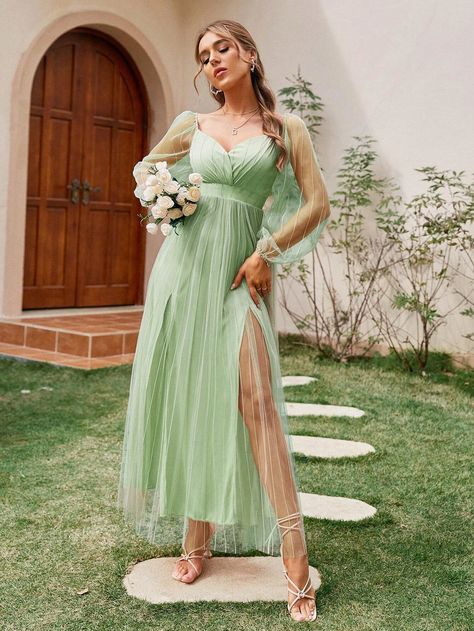 Simplee Lantern Sleeve Split Thigh Mesh Dress | SHEIN USA Vestidos Color Pastel, Green Dress Outfit, Teal Bridesmaid Dresses, Light Green Dress, Mint Green Dress, Mint Dress, Lantern Sleeve Dress, Sweet 16 Dresses, Grad Dresses