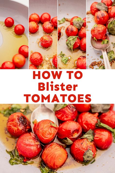 This delicious recipe for blistered tomatoes is a must-try for those seeking to add a special gourmet touch to any meal! Blistering cherry tomatoes in garlic, salt, pepper, and herbs makes them extremely juicy and flavorful. Definitely a go-to excellent appetizer or side dish anytime. Blistered Cherry Tomatoes, Cherry Tomatoes Recipe, Gluten Free Family Meals, Blistered Tomatoes, Tomatoes Recipe, Vegetarian Sides, Yum Recipes, Vegetarian Side Dishes, Vegetarian Salads