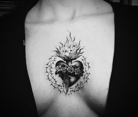 Sacred Heart Tattoo Chest Woman, Realistic Heart Tattoo On Chest, Mexican Cultural Tattoos, Mary Heart Tattoo, Corazon Sagrado Tattoo, Sacred Heart Sternum Tattoo, Small Sacred Heart Tattoo, Sacred Heart Tattoo Women, Sacred Heart Tattoo Mexican