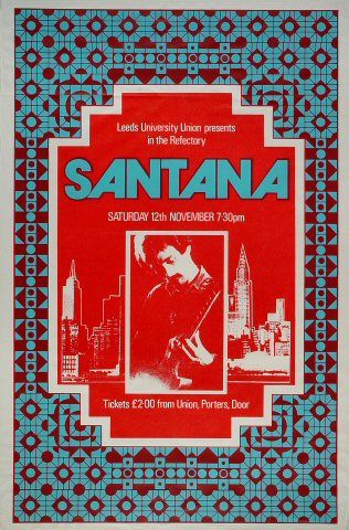 Santana - Refectory (Leeds, England) Nov 12, 1969 Santana Poster, Santana Concert, 1960s Posters, Vintage Music Art, Leeds England, Rock Poster Art, Vintage Concert Posters, Gig Poster, Ticket Stubs