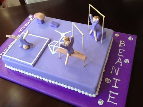 Gymnastics Cake Marshmallow fondant. Gymnasts and apparatus made of gumpaste and scewers. 16" x 12" pan. Board covered with gift... Gymnastics Birthday Cakes, Gymnastic Birthday, Gymnastics Cake, Cake Marshmallow, Gymnastics Cakes, Gym Cake, 9th Birthday Cake, Gymnast Birthday Party, Gymnastics Party