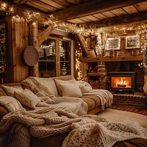 Cool whites, icy blues, and silvers. Book Lovers Living Room, Cosy Fireplace Living Room, Cozy Christmas Living Room Apartment, Cabin Proposal, Cosy Pictures, Cozy Wooden House, Cosy Home Ideas, Cabin Living Room Ideas, Cozy Winter Living Room