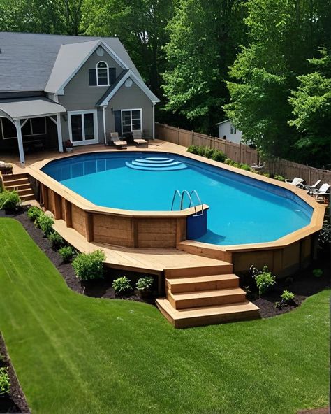 I love a big pool 😍😍😍 Above Ground Pool Decks With Hot Tub, Deck With Pool, Big Pool, Land Design, Dream Backyard Pool, Garden Wall Designs, Outdoor Covered Patio, Swimming Pool Decks, Outdoor Pool Area