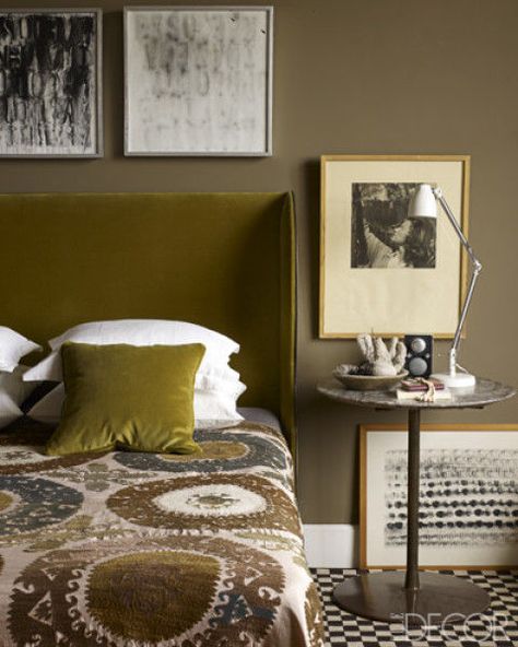 Olive green offers a sophisticated, earthy aesthetic and undeniable appeal to any space. Olive Green Rooms, Green Headboard, Olive Green Walls, Dekorasi Kamar Tidur, Green Rooms, Bedroom Green, Cheap Decor, Contemporary Bedroom, Eclectic Decor