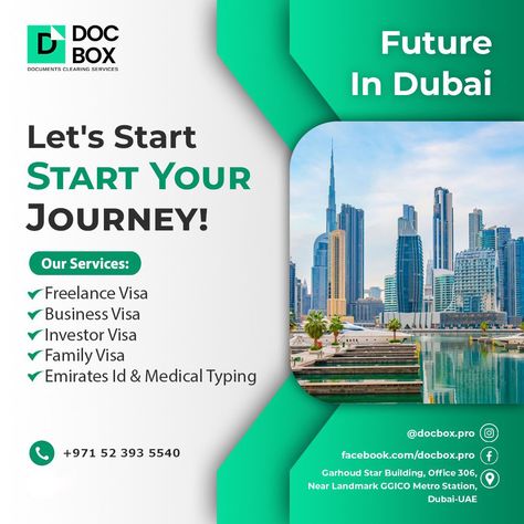 We specialize in turning complex paperwork into seamless journeys. 🚀 Freelance Visa 💼 Investor Visa 🌐 Business Visa 👨‍��👩‍👧‍👦 Family Visa 💉 Emirates ID & Medical Typing For more information: 📞 +971 52 393 5540 📧 info@docbox.pro #visa #visaservices #visaconsultants #investorvisa #investorvisadubai #businessvisa #familyvisa #FamilyVisadubai #companyformation #companyformationuae #freelancerdubai Business Visa, Metro Station, Dubai Uae, More Information, Turning, Dubai, Medical, Turn Ons, Instagram