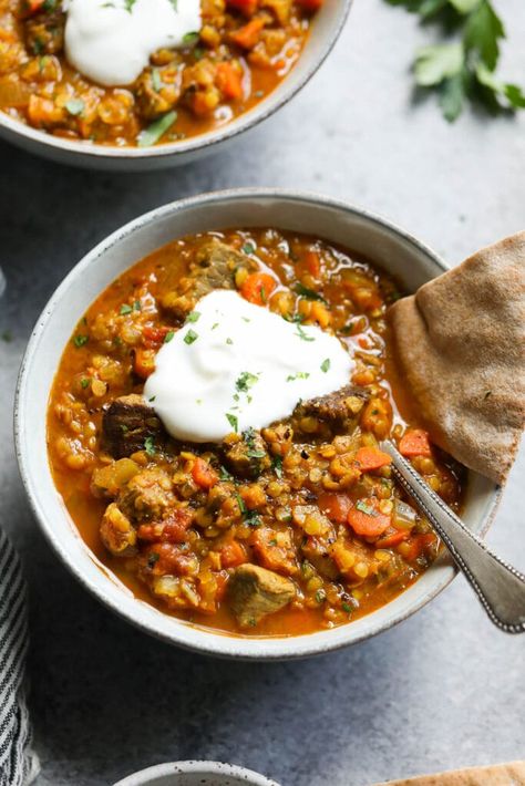 This Moroccan-Spiced Beef and Lentil Stew recipe is a flavorful weeknight dinner, offering hearty stew meat, warm spices, plenty of veggies, and good-for-you lentils. With minimal prep time, it’s a hands-off meal that cooks low and slow for a total time of just over 7 hours. Beef And Lentil Stew, Beef Lentil Stew, Beef Lentil Soup, Beef And Lentil, Moroccan Lentil Soup, Lentil Stew Recipes, Moroccan Beef, Real Food Dietitians, Hearty Stew