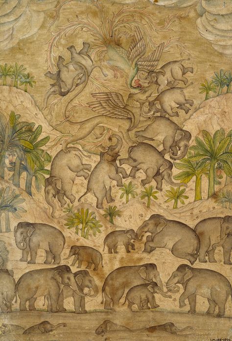 Herd Of Elephants Drawing, Iranian Illustration, Medieval Bestiary, Herd Of Elephants, Mythical Beasts, Elephant Pictures, Elephant Illustration, Persian Miniature, Mughal Paintings