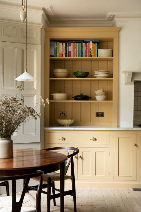 English Georgian Interiors, Cabinetry Colors, Georgian Kitchen, Classic English Kitchen, Yellow Cabinets, Devol Kitchens, Wooden Table And Chairs, Light Hardwood Floors, London Kitchen