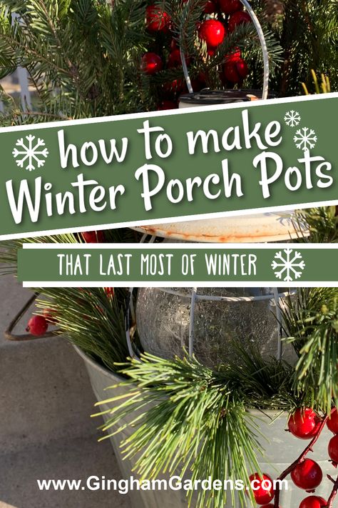 Xmas Arrangements Outdoor Planters, Making Christmas Porch Pots, Christmas Pot Arrangements, Outdoor Christmas Floral Arrangements, Pine Porch Pots, How To Make A Porch Pot For Christmas, Outdoor Christmas Planters Farmhouse, Porch Pots For Christmas, Evergreen Pots Christmas