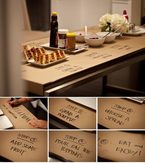 Kraft Paper Table Covering Ideas — waffle bar party idea. Write out the steps for making waffles. Clean up is easy — just roll up the sticky, syrup-covered paper and toss it in the trash. #kraftpaper #tabledecor #tableclover #diy #brightideas Waffle Table Ideas, Waffle Party Decorations, Waffle Bar Graduation Party, Build Your Own Waffle Bar, Kraft Paper Food Table, Waffle Party, Making Waffles, Brown Packing Paper, Diy Tablecloth