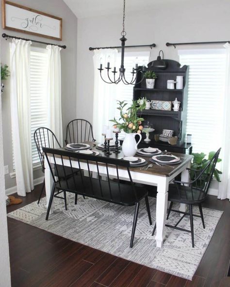 Dining Room With Gray Walls, Dining Room With Chair Rail, Room With Chair Rail, Room With Gray Walls, Grey Farmhouse Living Room, Grey Window Treatments, Neutral Couch, Black And White Dining Room, Textured Curtains