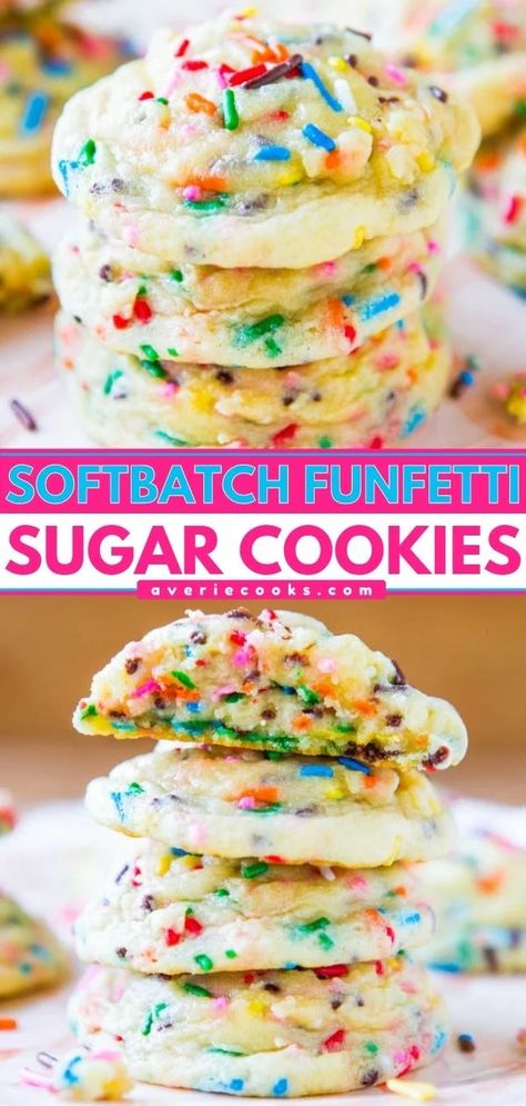 Easy Funfetti Cookies (From Scratch!) - Averie Cooks Confetti Cookies With Frosting, Sourdough Funfetti Cookies, Christmas Funfetti Cake Mix Cookies, Confetti Cookies Recipe Cake Mixes, Birthday Cake Sugar Cookies, Fun Fetti Cookies, Confetti Recipes, Funfetti Cake Cookies, Cake Flour Cookies