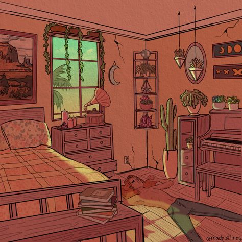 Drawings Of Rooms Aesthetic, Apartment Drawing Aesthetic, Drawings Of Rooms Bedrooms, Lofi Aesthetic Bedroom Ideas, Simple Room Drawing Reference, Cartoon Bedroom Aesthetic, Perspective Art Reference Room, Lofi Illustration Room, Drawings Of Bedrooms