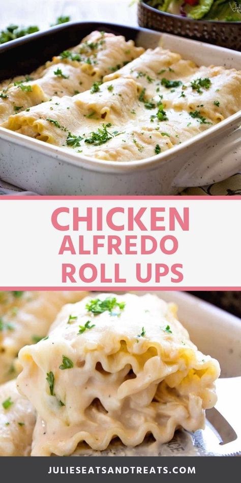 Delicious Lasagna Roll Ups filled with Chicken, Alfredo Sauce and Cheese! These Chicken Alfredo Roll Ups are a delicious dinner recipe that the entire family will love. Plus, they are a great freezer meal! #lasagna #recipe Chicken Alfredo Rolls, Chicken Alfredo Roll Ups, Alfredo Roll Ups, Fetuccini Alfredo, Lasagne Roll Ups, Chicken Alfredo Lasagna, Alfredo Lasagna, Chicken Fettuccine, Roll Ups Recipes