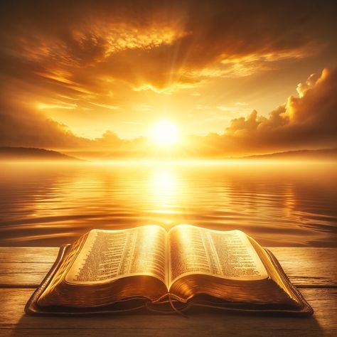 A serene and inspiring image depicting a radiant, golden sunrise over a tranquil sea, symbolizing hope and reassurance. In the foreground, a well-worn, open Bible rests on a simple wooden table, its pages gently ruffled by a soft breeze. The warm, golden light of the sunrise bathes the scene, casting a divine glow over the Bible, which serves as a metaphor for God's promise and guidance in... Open Bible Image, Love In Bible, Simple Wooden Table, God Restores, Biblical Affirmations, Open Bible, Golden Sunrise, Church Images, Book Of Job