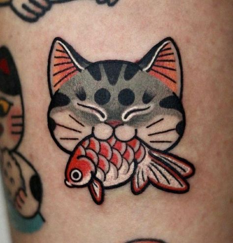 Tattoos Cartoon Style, Red American Traditional Tattoo, Lucky Cat Tattoo Traditional, Vintage American Traditional Tattoo Flash, Socal Tattoo, Cat Traditional Tattoo, American Traditional Cat Tattoo, Traditional Knee Tattoo, Small Traditional Tattoo Fillers