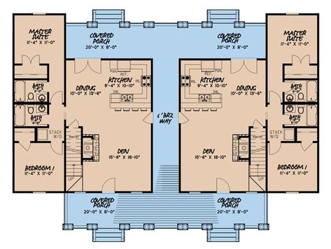 1st Floor Plan, 074M-0001 Country Bungalow, Dog Trot House, Multigenerational House Plans, Multigenerational House, Farmhouse Craftsman, Duplex Floor Plans, Duplex Plans, Craftsman Farmhouse, Country Craftsman