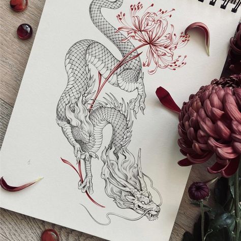 Anime Dragon Tattoo Designs, Dragon With Roses Tattoo, Dragon And Rose Tattoo, Dragon Tattoo Stencil, Dragon Tattoo Drawing, Dragon Tattoo Sketch, Red Dragon Tattoo, Backpiece Tattoo, Dragon Tattoo Art