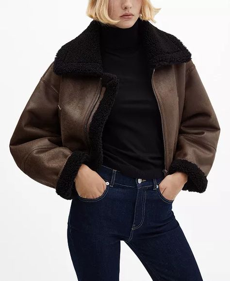 MANGO - Shearling Jacket Outfit, Short Leather Jacket, Ladies Short Jackets, Short Design, Moto Style, Long Jacket, Designer Shorts, Shearling Jacket, Short Jacket