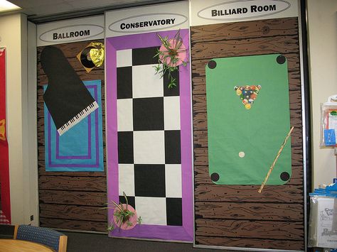 More clue rooms in library Clue Hoco Theme, Clue Classroom Theme, Clue Themed School Hallway, Clue Trunk Or Treat, Clue Game Decorations, Clue Themed Hallway, Clue Board Game Decorations, Clue Decorations, Clue Party Decorations