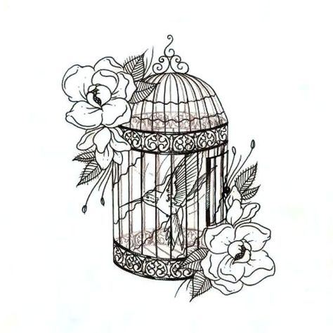 Bird cage decorated with flowers and with hummingbird locked up inside. Color: Black. Tags: Nice, Beautiful Birdcage Tattoo, Cage Tattoo, Bird In A Cage, Cage Tattoos, Tattoo Bird, Kunst Tattoos, Tattoo Life, Birds Tattoo, Trendy Tattoos