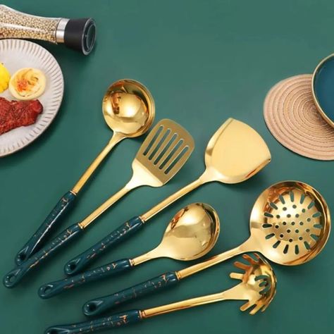 7pc Metal Kitchenware Set $295 White/Marble Gold Black Marble Gold Limited Stock Gold Cookware, Luxury Kitchenware, Plastic Kitchen Utensils, Ceramic Nonstick Cookware, Kitchenware Set, Nonstick Cookware Sets, Kitchen Cooking Utensils, Nordic Lights, Gold Kitchen