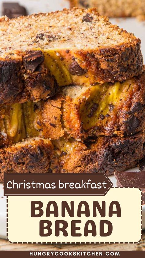 This Homemade Banana Bread with Chocolate Chips is the ultimate breakfast or snack for cozy winter mornings. Perfect for family brunches, holiday gatherings, and even Christmas or New Year celebrations, it's a homemade treat everyone will love. Try it now for a festive start to your day! Festive Banana Bread, Holiday Banana Bread, Christmas Banana Bread, Christmas Banana, Banana Bread With Chocolate Chips, Banana Bread With Chocolate, Christmas Breakfast Recipes, Bread With Chocolate Chips, Bread With Chocolate