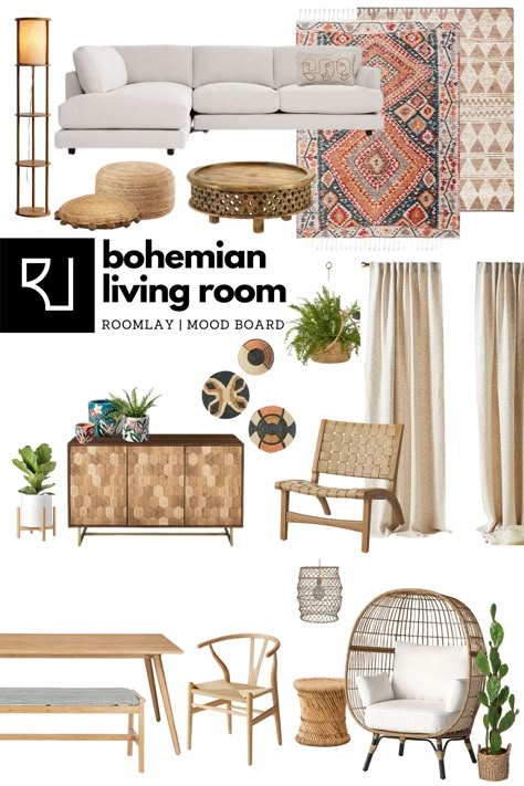 We created bohemian furniture mood board; Boho Rug / Boho Planter / Bohemian Furniture / Bohemian Decor / Boho Ottoman / Boho Dining Set #bohomoodboard #boholivingroom Dining Room Bohemian Style, Boho Mood Board Living Room, Bohemian Living Room Mood Board, Rug Mood Board, Bohemian Furniture Living Room, Bohemian Style Interior Design Mood Board, Bohemian Style Mood Board, Bohemian Interior Design Mood Board, Boho Interior Mood Board