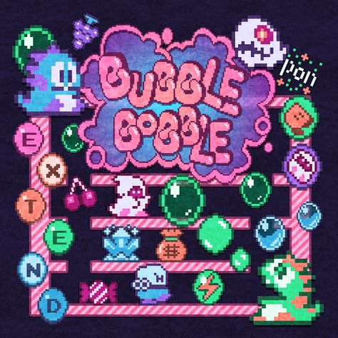 Re-Edits > Bobble Bubble #gaming Video Game Art Styles, Retro Game Aesthetic, Pixel Poster, Retro Games Wallpaper, Game Image, Retro Games Poster, Video Game Poster, Bubble Bobble, Coin Games