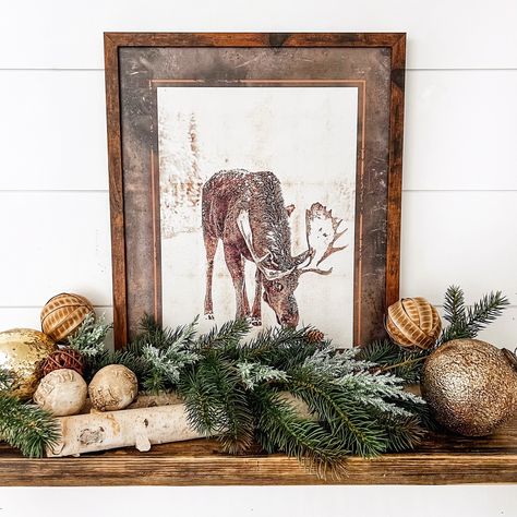 Cabin Signs Rustic, Moose Print, Decor After Christmas, Hunting Theme, Mantel Decorating, Holiday Mantle, Vintage Christmas Decor, Winter Decorations, Christmas Decor Inspiration