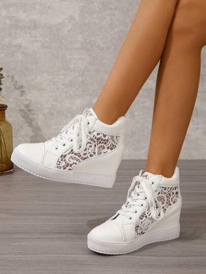 Xv Shoes, Womens Wedge Sneakers, Biker Wedding, Wedding Sneakers, Shoe Ideas, Chic Sneakers, Embroidered Shoes, Lace Up Wedges, Wedding Aesthetic