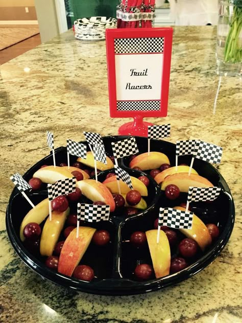 Dirt Track Racing Birthday Party Ideas, Dirt Bike Birthday Party Food Ideas, Race Car Birthday Party Treats, Race Car Fruit Tray, Food For Race Car Party, Two Year Old Race Car Birthday, Car Themed Treats, F1 Food Ideas, Four Year Old Race Car Birthday