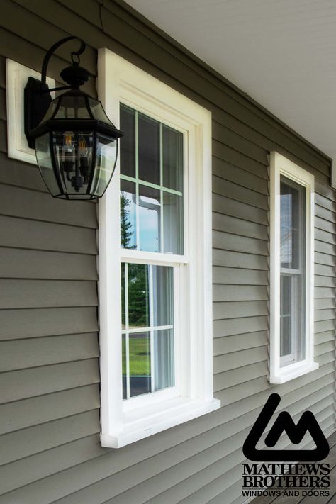 Vinyl Windows With Wood Trim, Adding Exterior Window Trim, Colonial Exterior Window Trim, Exterior Window Moulding, Thick Exterior Window Trim, Windows With Grids, Exterior Window Sill, Exterior Window, Vinyl Windows